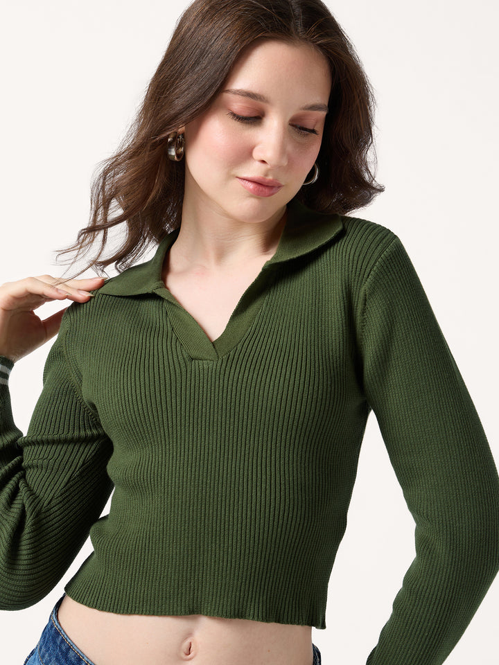 Oilve Contrast Tipping Polo Flat Knit Top