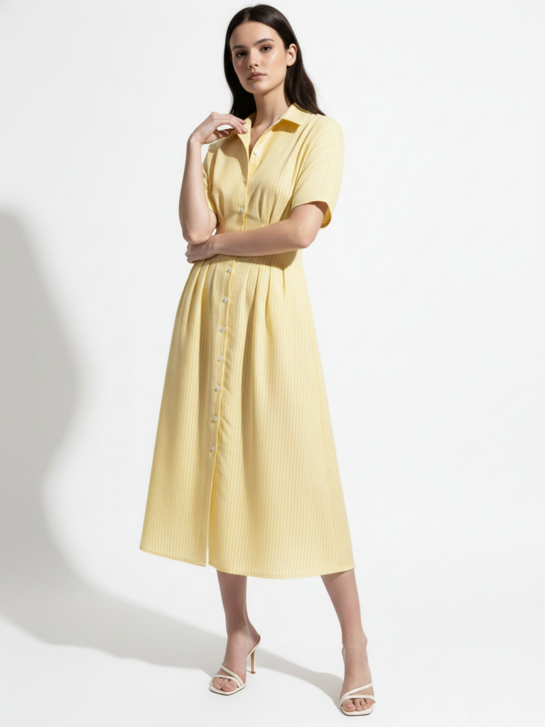 Yellow Waist Fitted Collared Dress