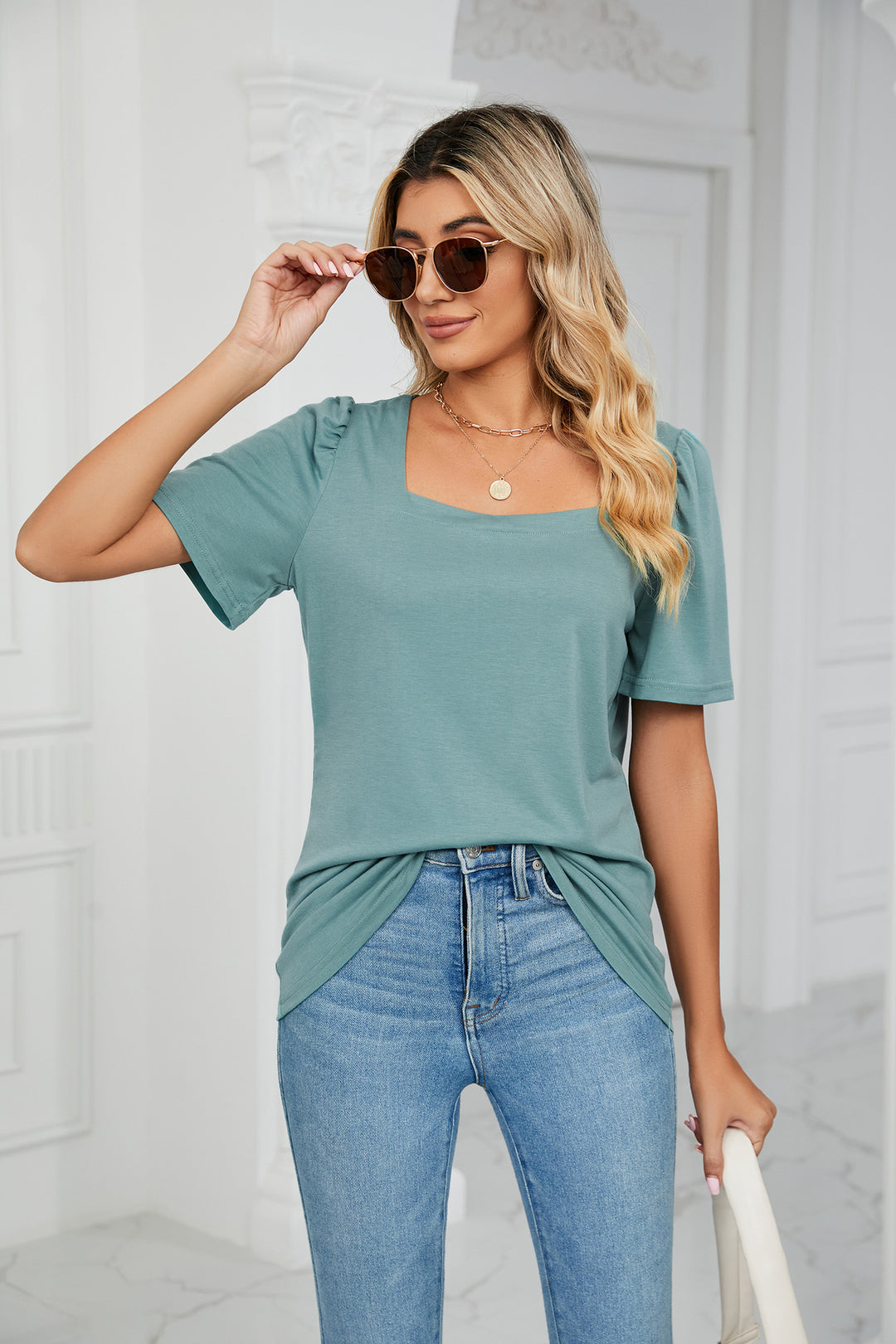 Aqua Short Sleeve Square Neck Top