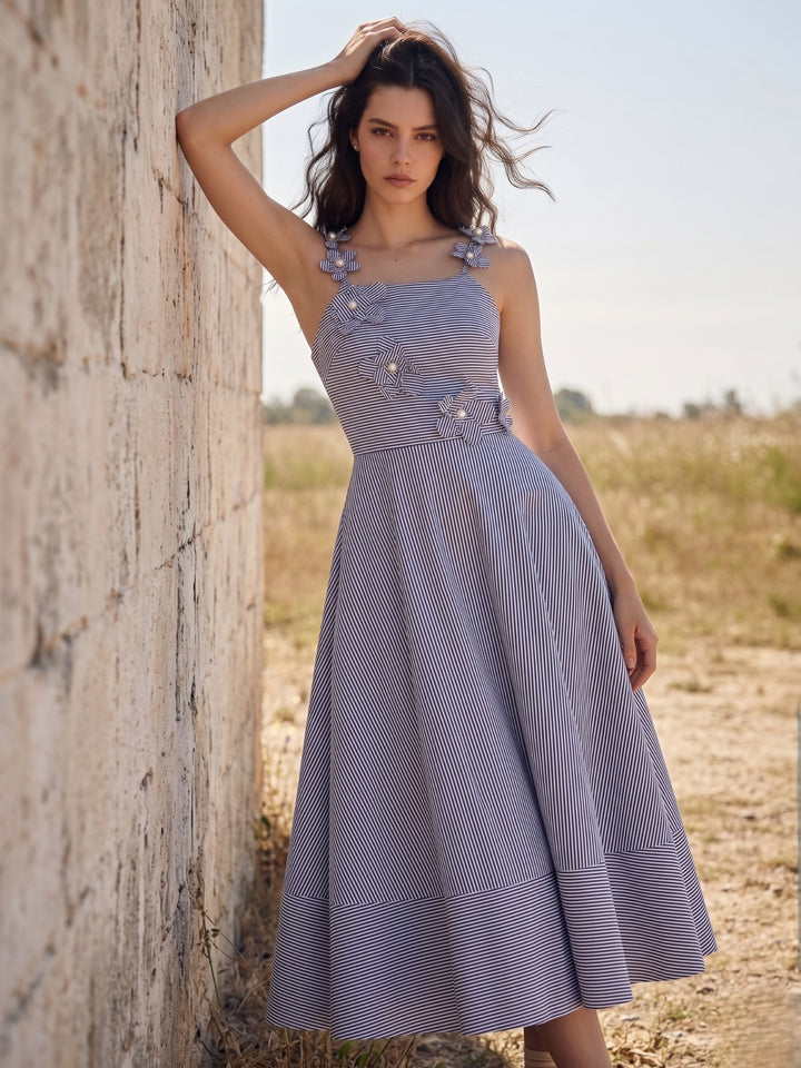 Blue Midi Yarndyed Dress With Cutout Floral Applique Detail