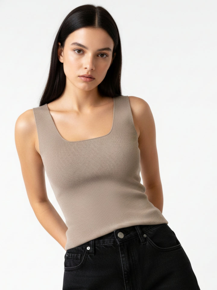 Brown Square Neck Wide Strapped Tank Top