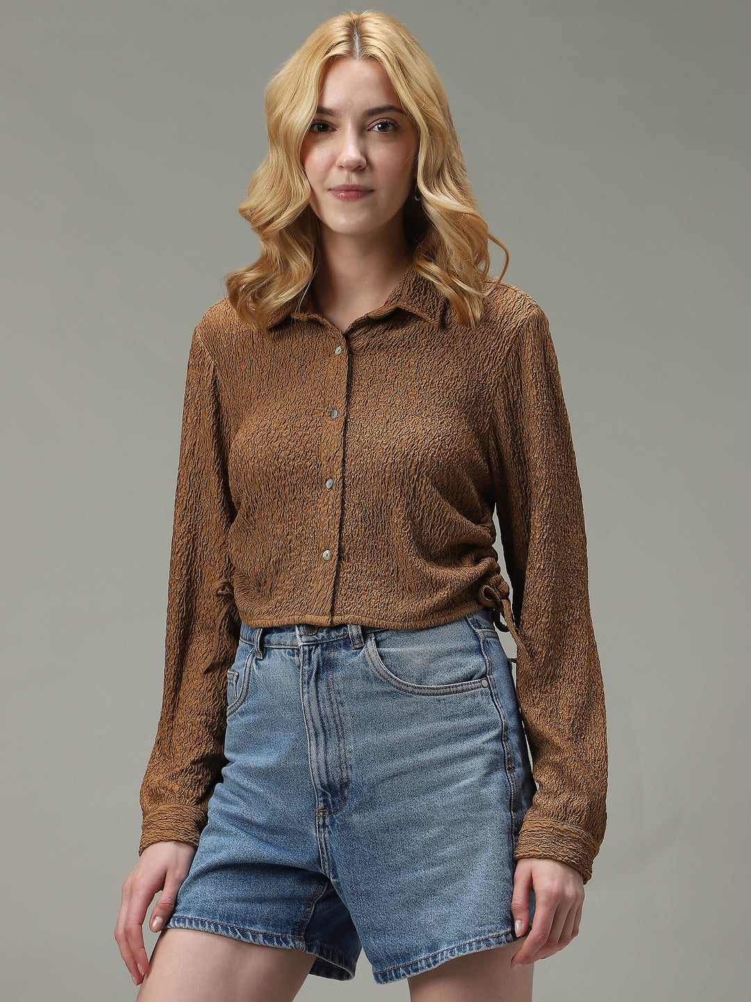 Brown Textured Crop Shirt