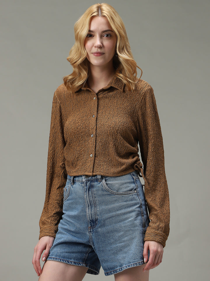 Brown Textured Crop Shirt