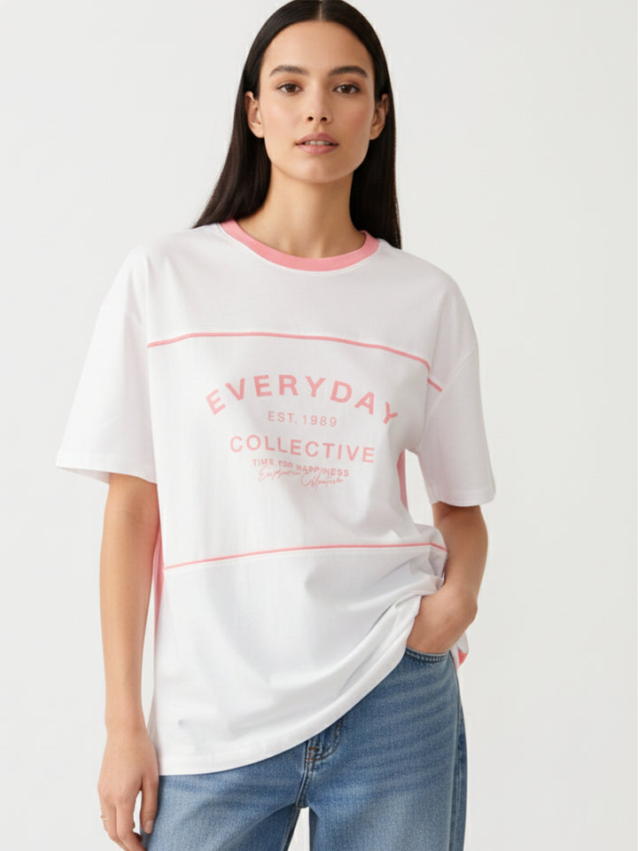 Pink Oversized T-Shirt With Graphic And Cut & Sew Highlights