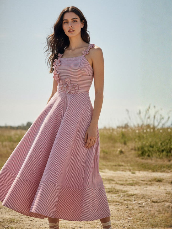 Pink Midi Yarndyed Dress With Cutout Floral Applique Detail