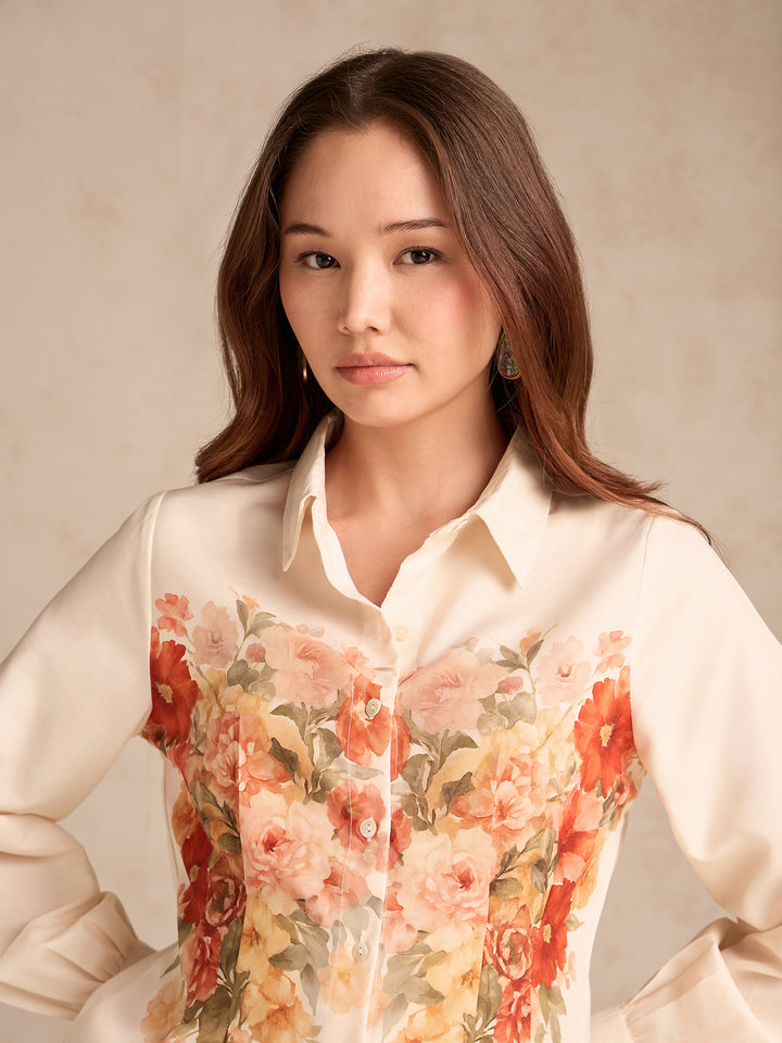 Off White Cinched Waist Printed Shirt