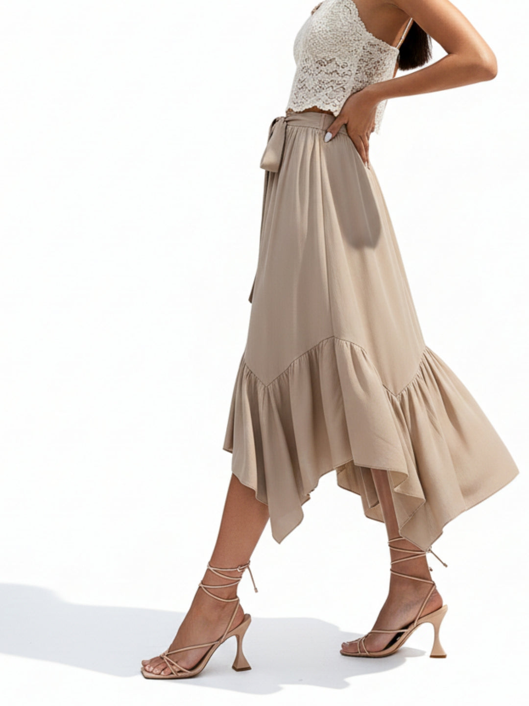 Tan High Waist Tie-Up Ruffle Hem Skirt