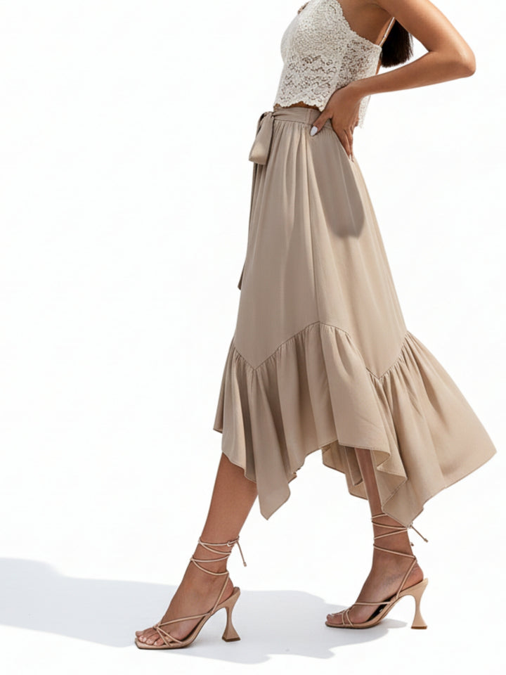 Tan High Waist Tie-Up Ruffle Hem Skirt