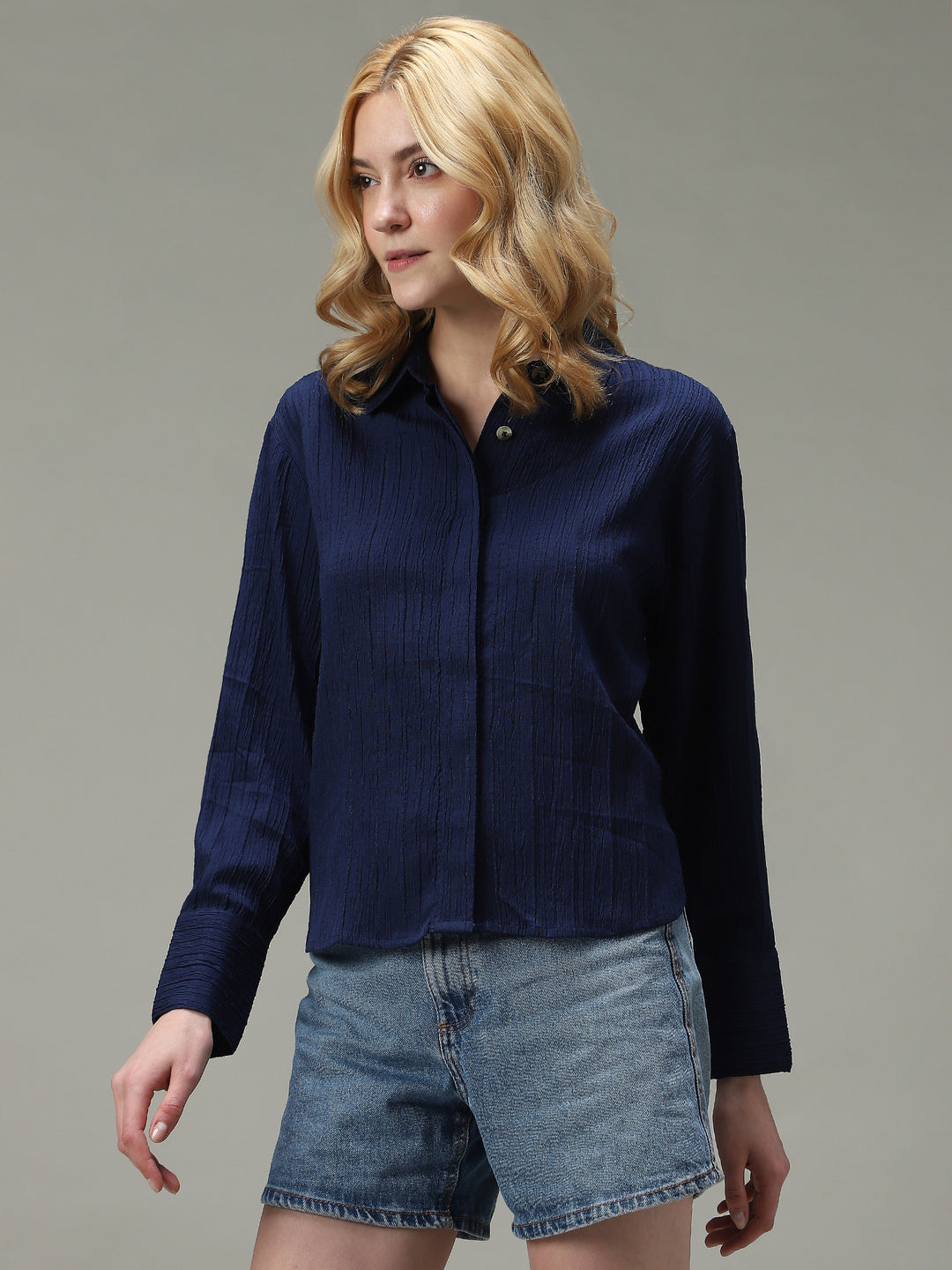Navy Blue Side Button Detailed Shirt