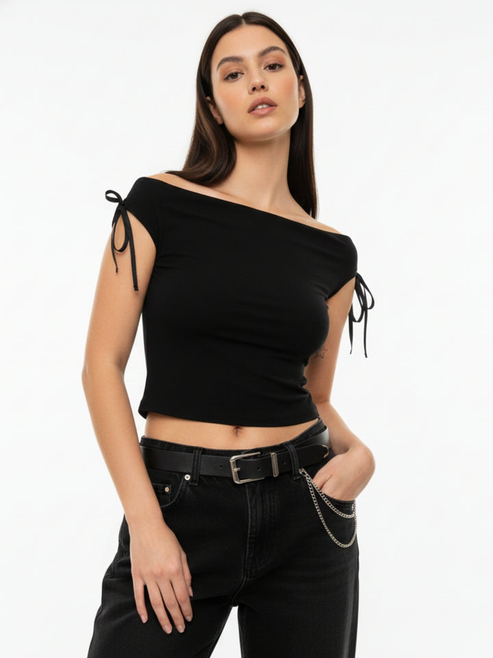 Black Off Shoulder Tie-Up Top