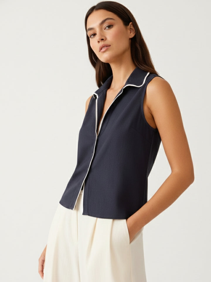 Navy Blue Sleeveless Contrast Piping Shirt