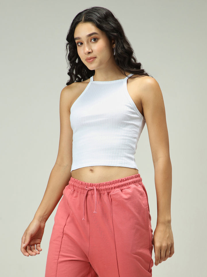 White High Neck Thick Spaced Rib Top