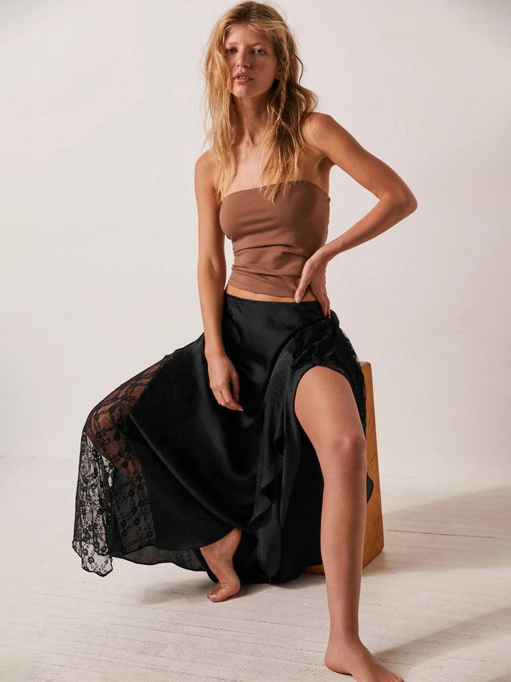 Black Lace Detail Flared Skirt