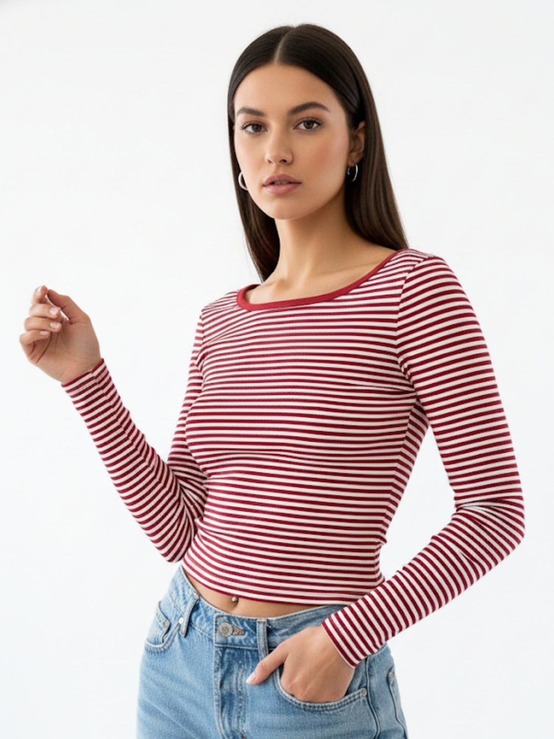 Red Boat Neck Fitted Striped Top