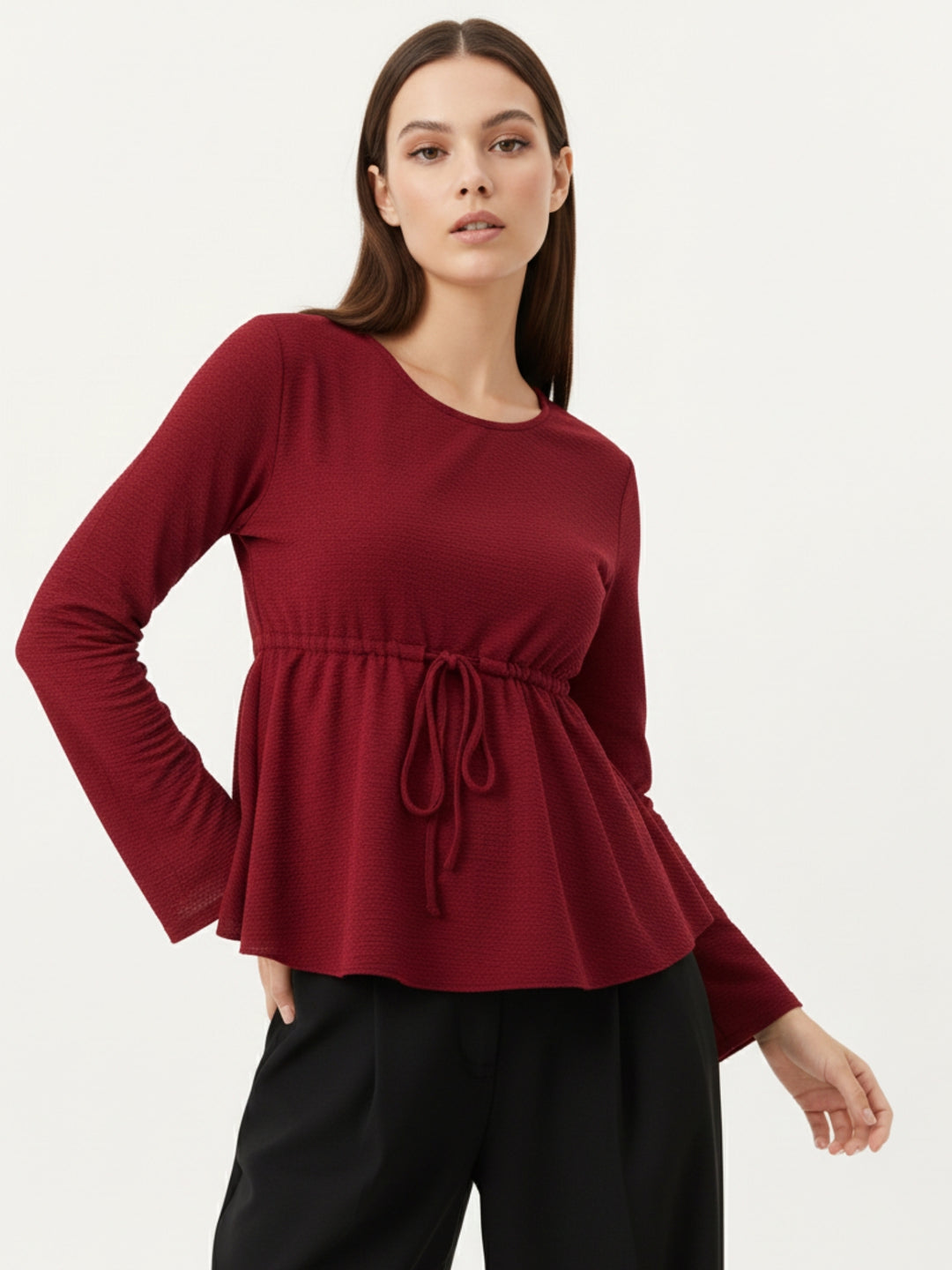 Maroon Round Neck Peplum Top With Full Sleeves