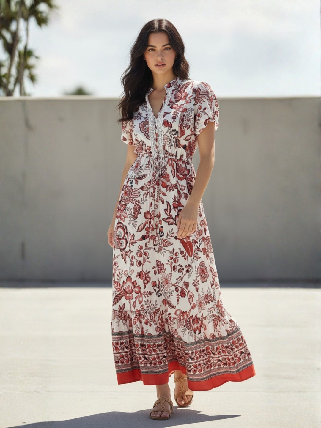 Red Short Sleeve Waist Tie-Up Printed Dress