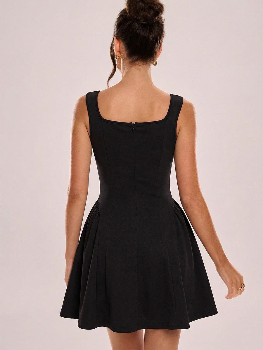 Black Square Neck Solid Skater Dress