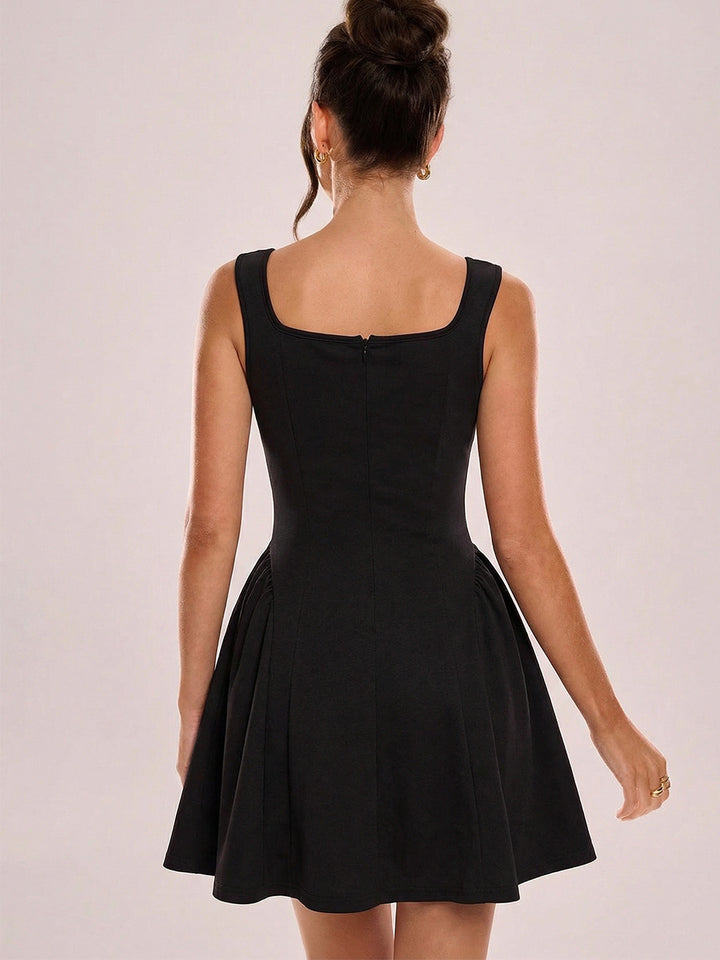 Black Square Neck Solid Skater Dress