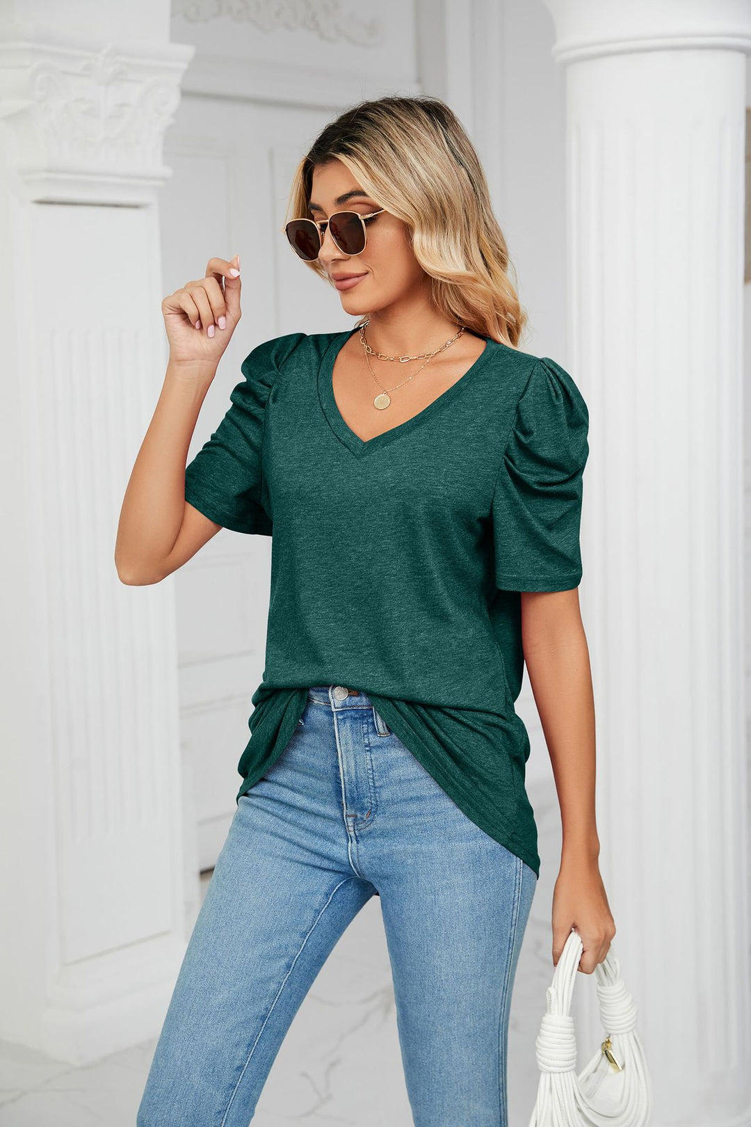 Green Puff Sleeves V Neck Top