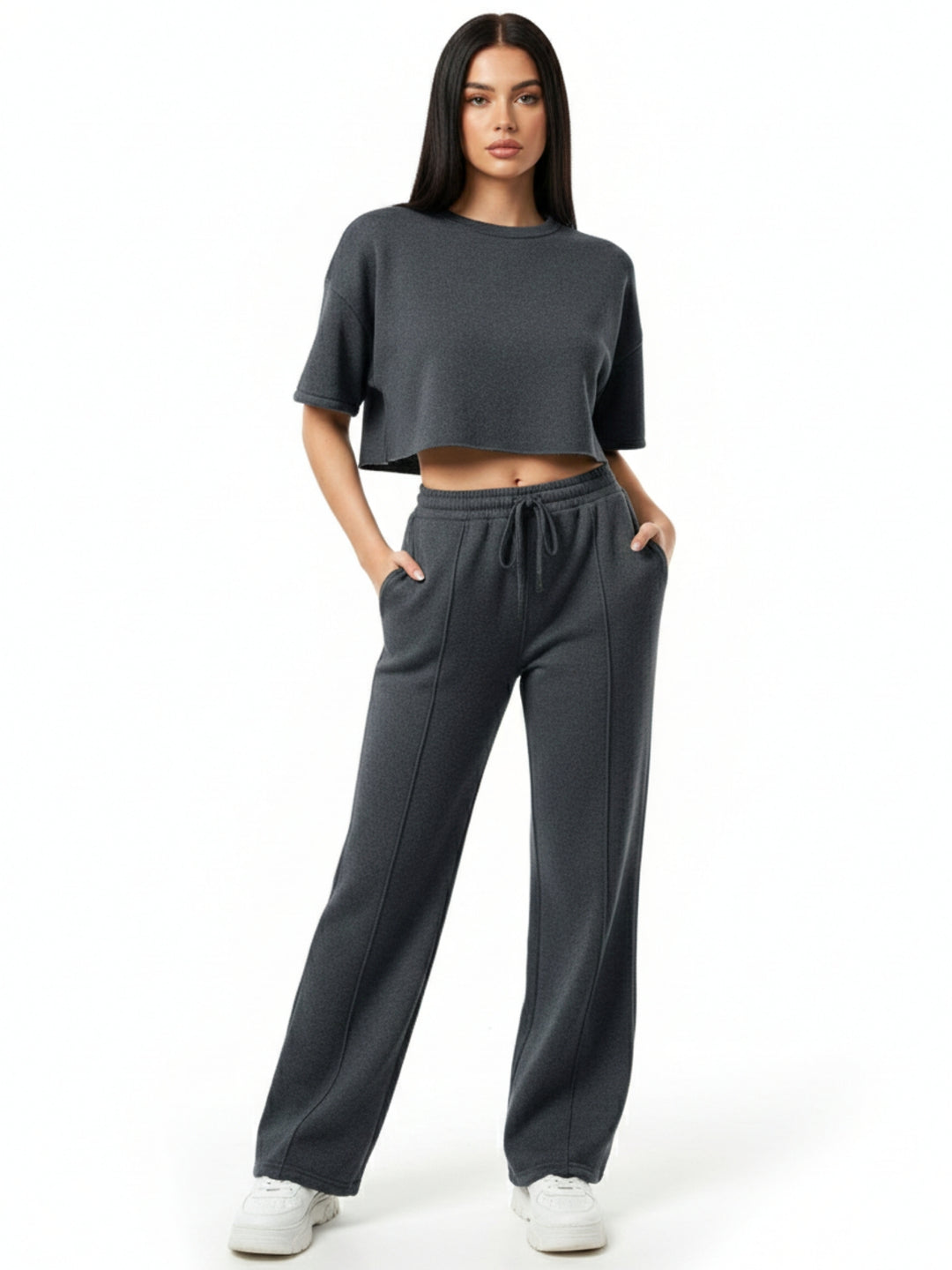 Charcoal Short Sleeve Crop Top And Pant Set