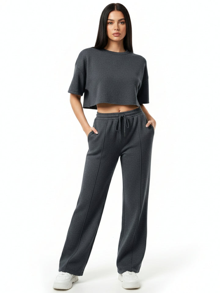 Charcoal Short Sleeve Crop Top And Pant Set