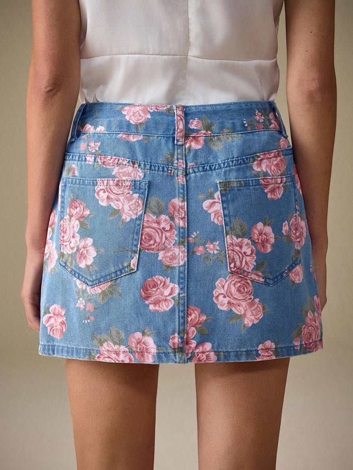Blue Floral Printed Skirt