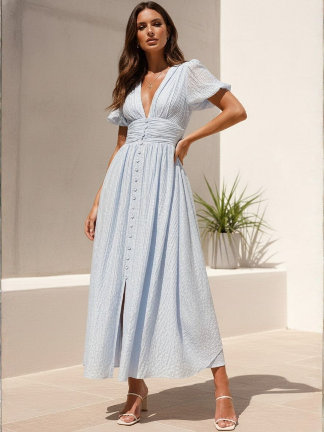 Blue Plunge Neck Puff Sleeved Dress