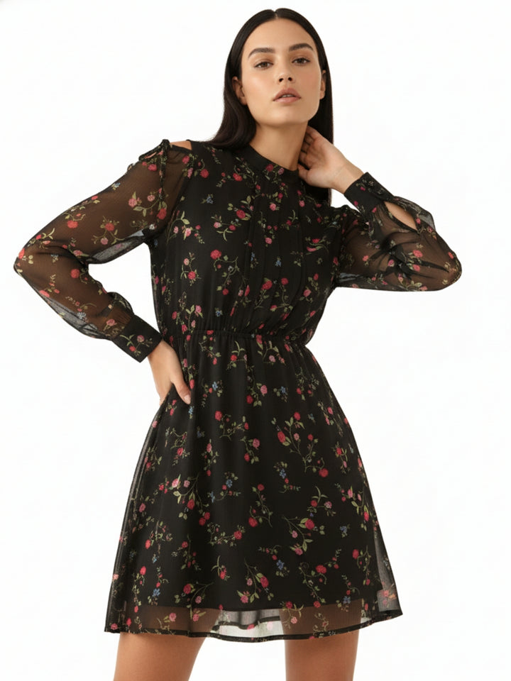 Black Floral Sheer Fit & Flare Mini Dress