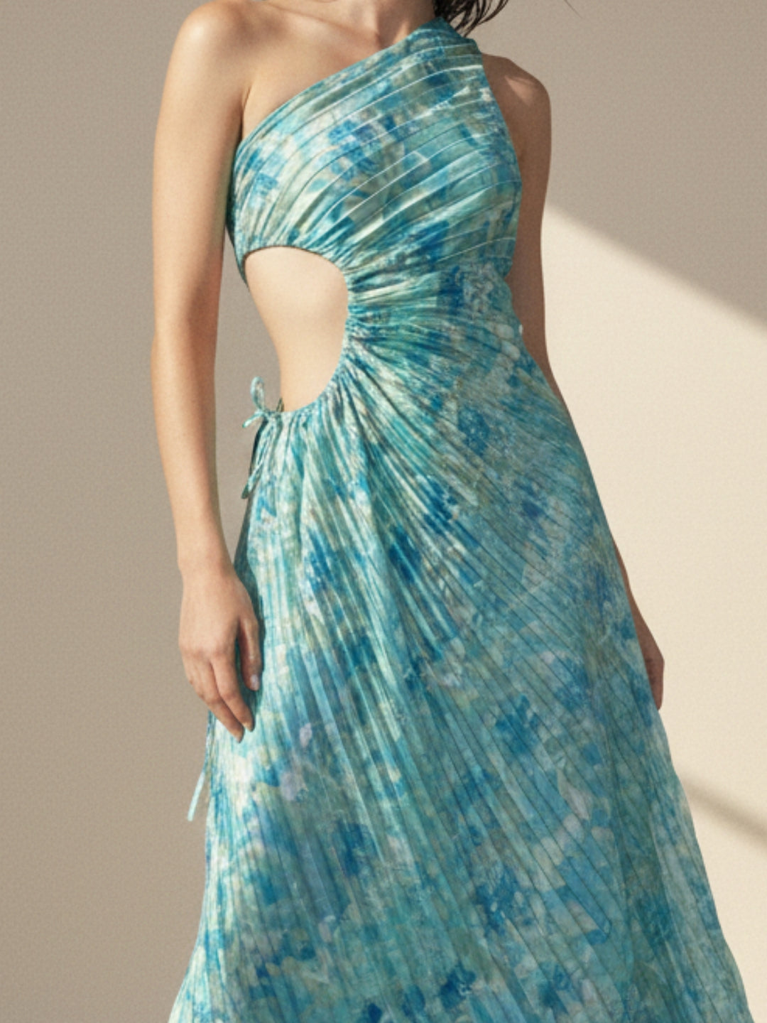Green One Shoulder Waist Cut-Out Pleated Dress