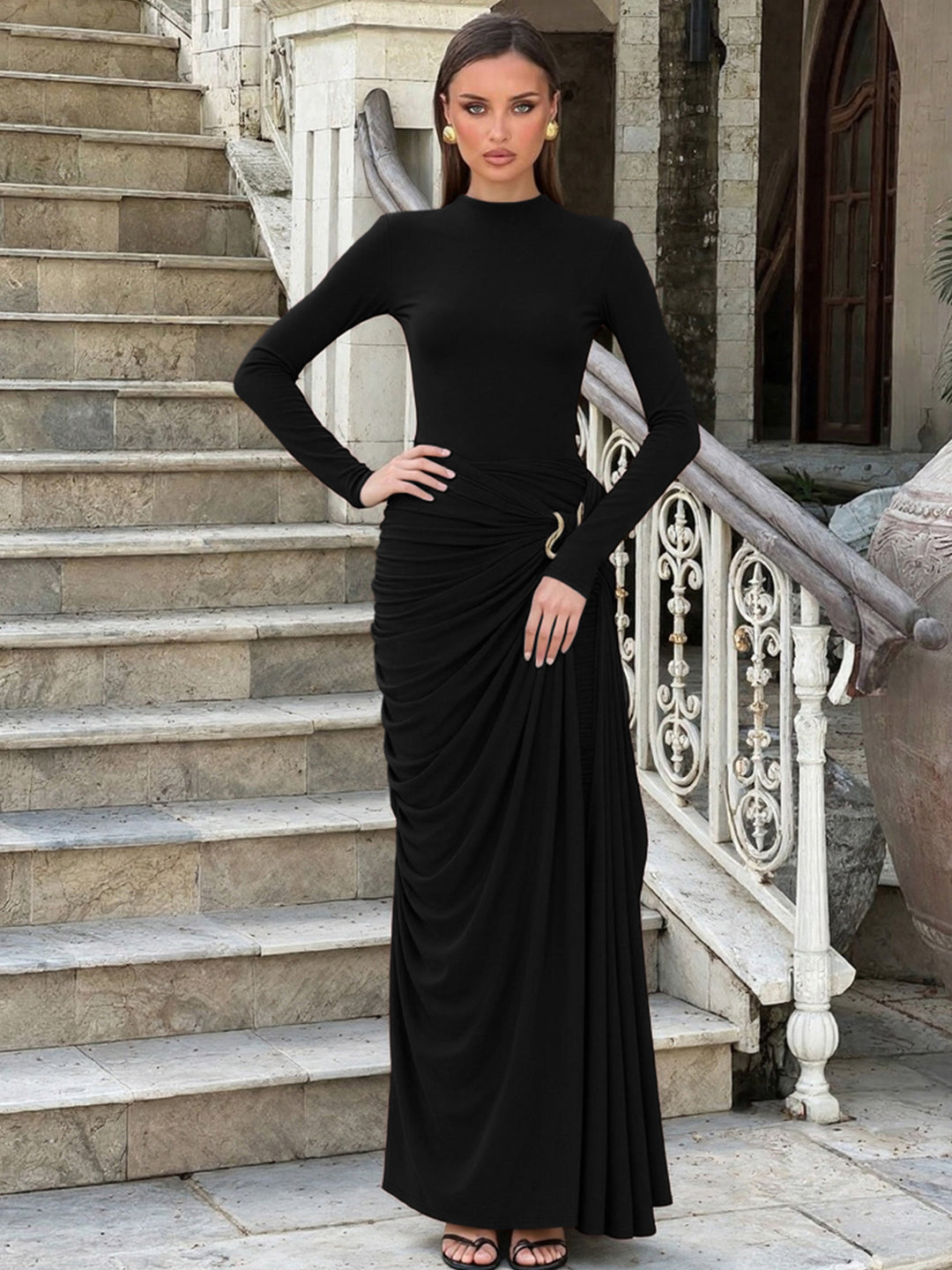 Black Full Sleeve Waist Buckle Detail Dress