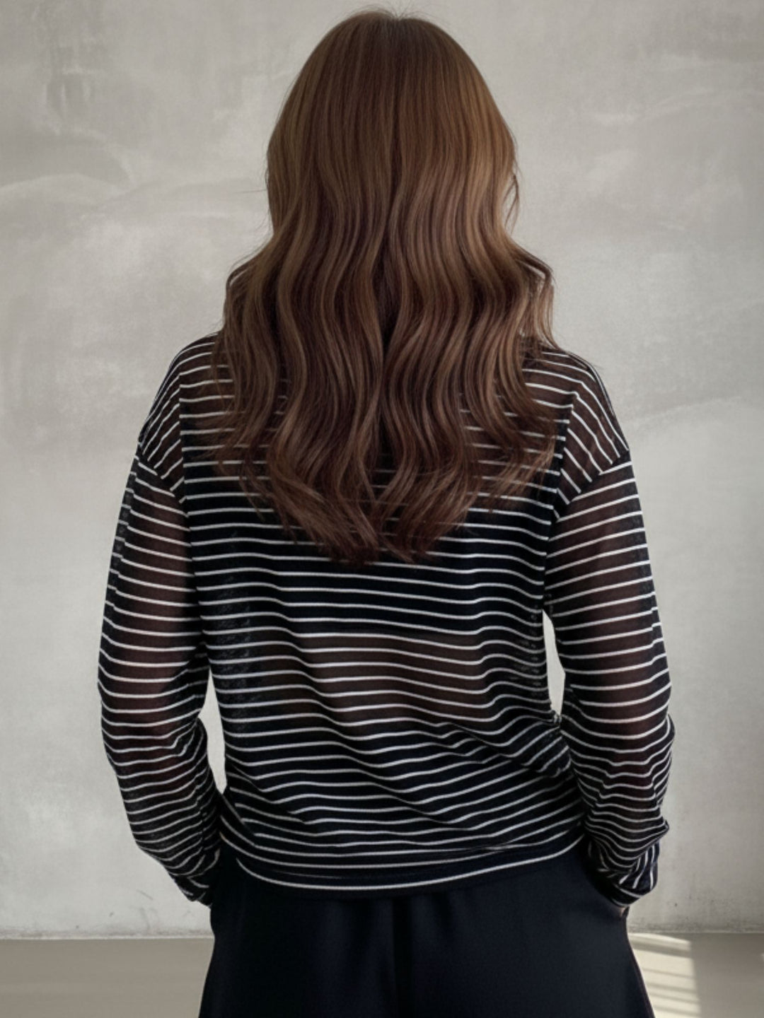 Black Full Sleeve Striped Relaxed Round Neck T Shirt