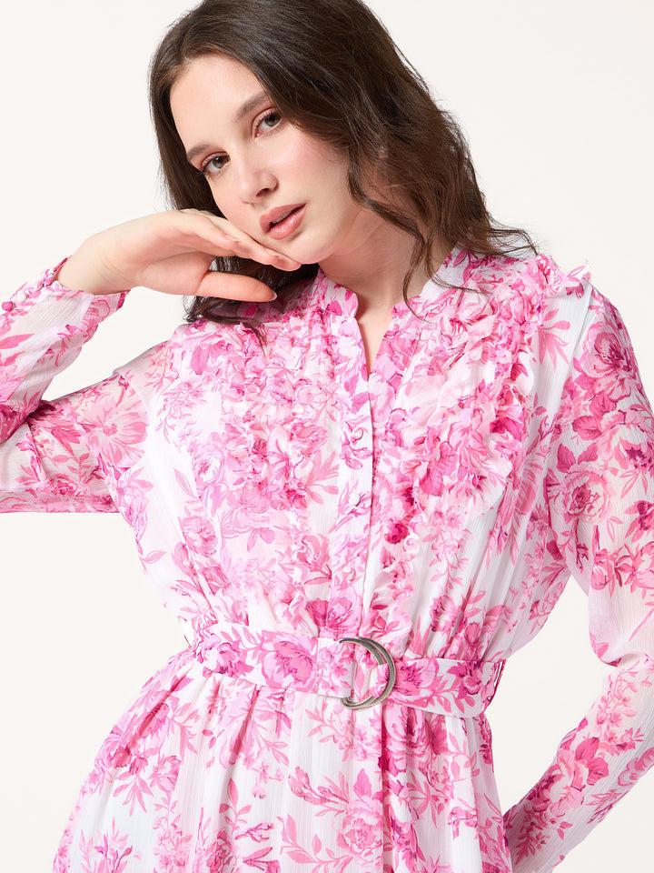 Pink Printed Flared Dress With Halter Neck With Belt Detail