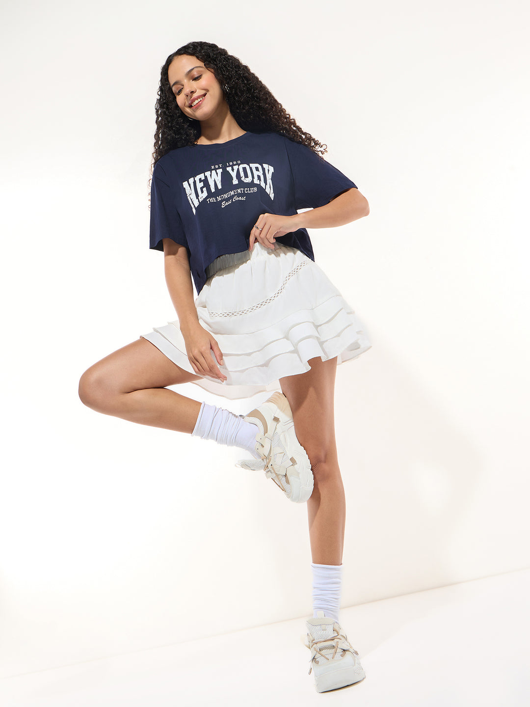Navy Blue Cropped Boxy T-shirt With Graphic