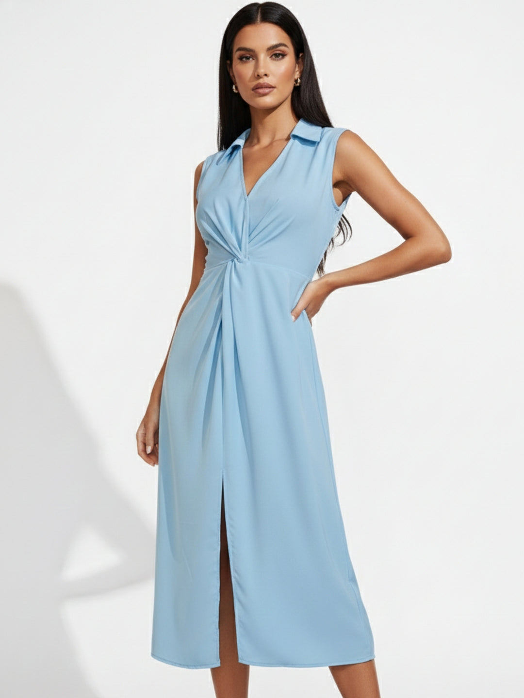 Light Blue Sleeveless Collared Slit Dress