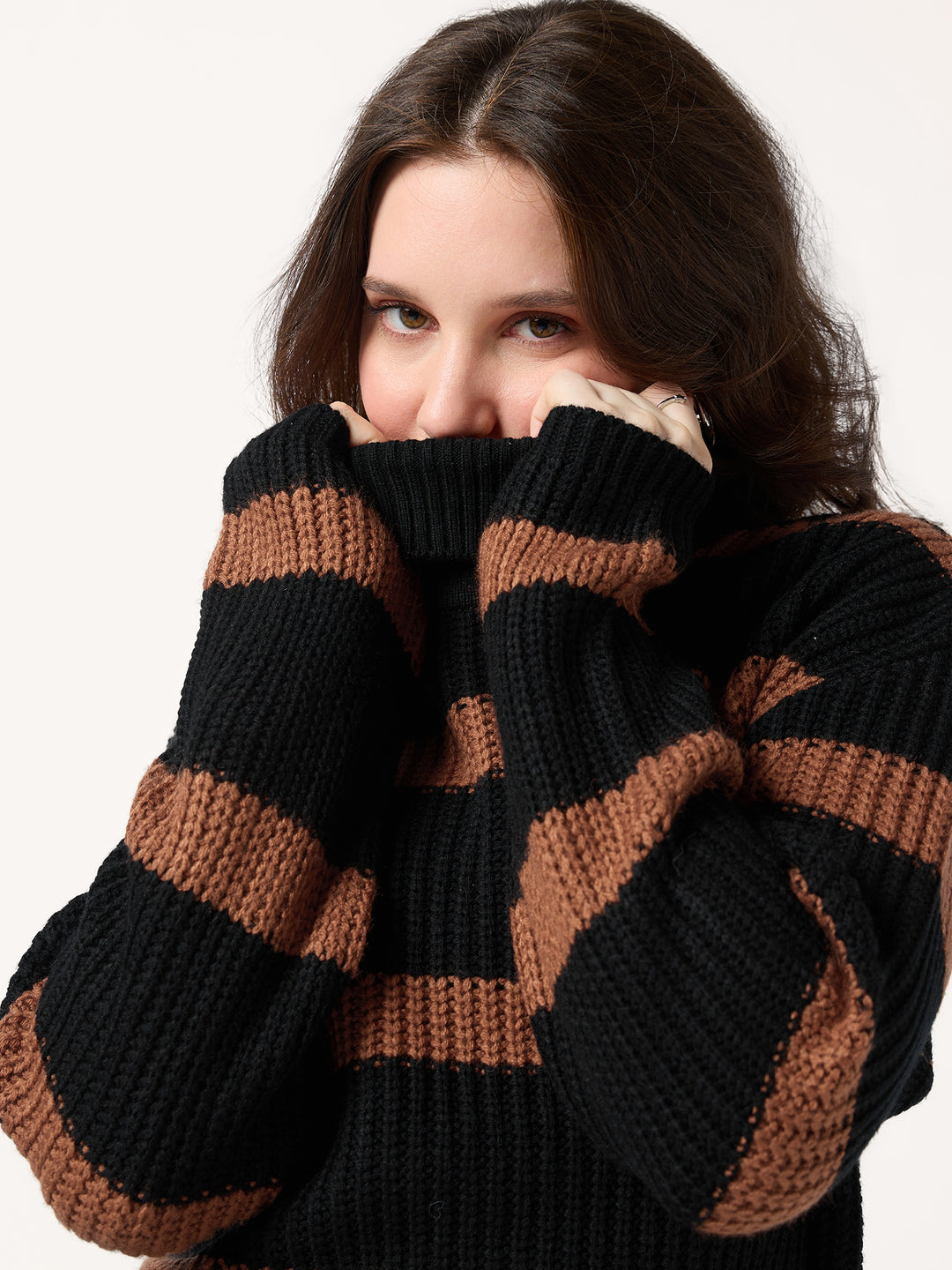 Black High Neck Striper Sweater