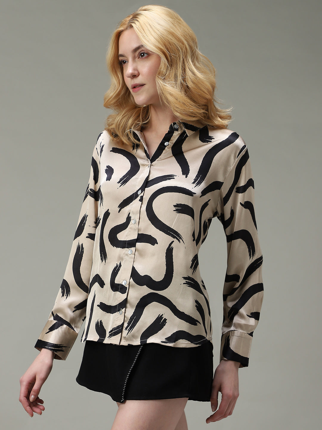 Beige Printed Satin Shirt