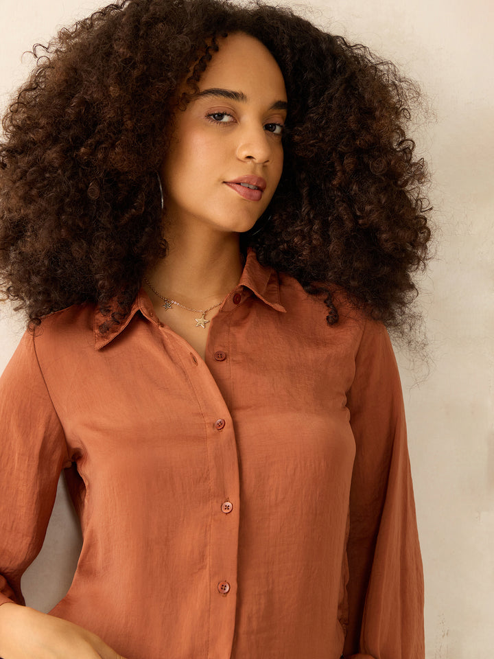 Brown Relaxed Fit Satin Shirt