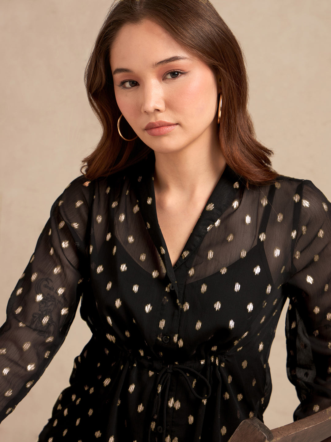 Black Printed Lapel Collar Blouse With Drastring Waist Detail