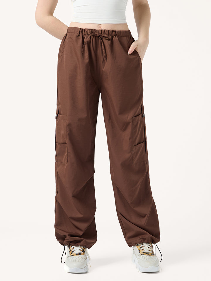 Brown Cargo Pockets Drawstring Wid Leg Trouser