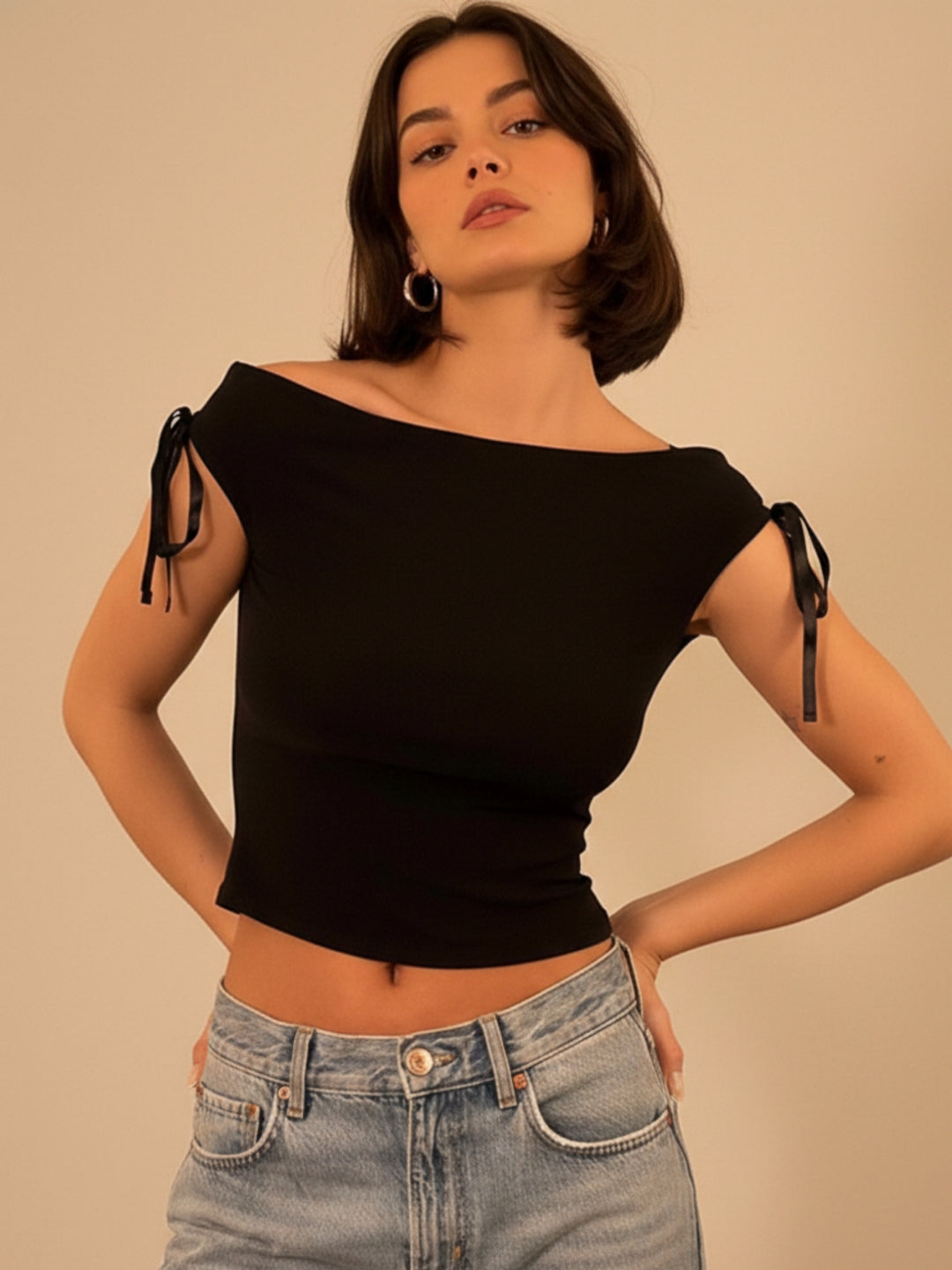 Black Off Shoulder Tie-Up Top