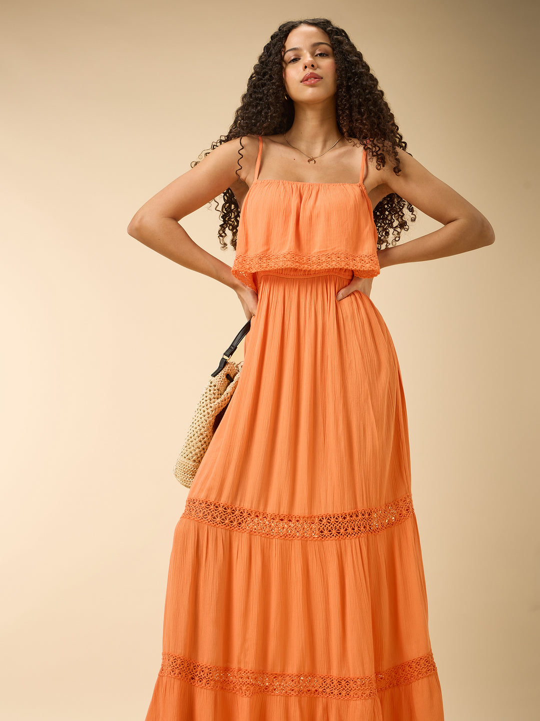 Orange Noodle Strap Tired Dress