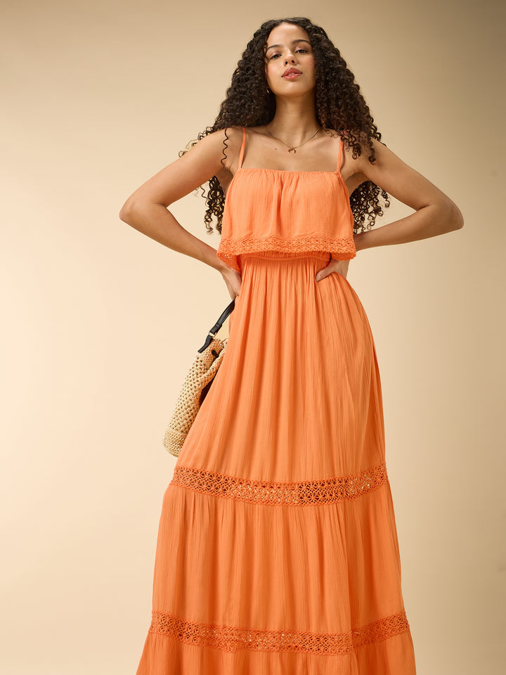Orange Noodle Strap Tired Dress