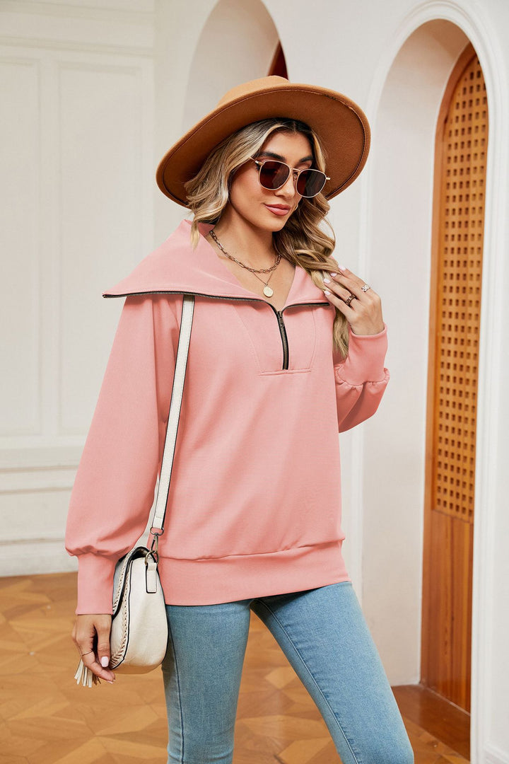 Peach Full Sleeves Big Collar Half Zip Sweatshirt