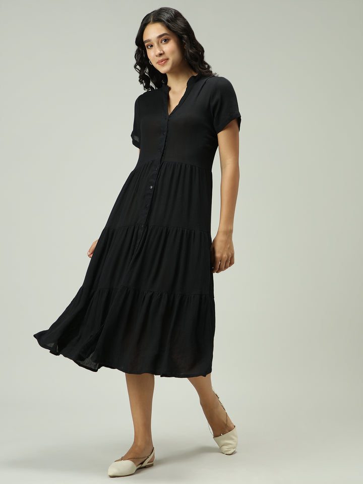Black Button Down Tiered Midi