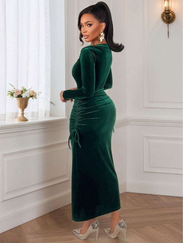 Dark Green Full Sleeve Side Waist Ruched Dress