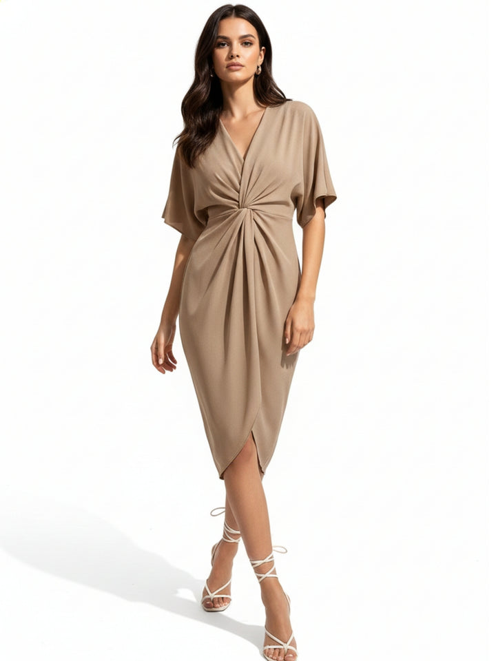 Brown Short Sleeve Waist Twisted Dress
