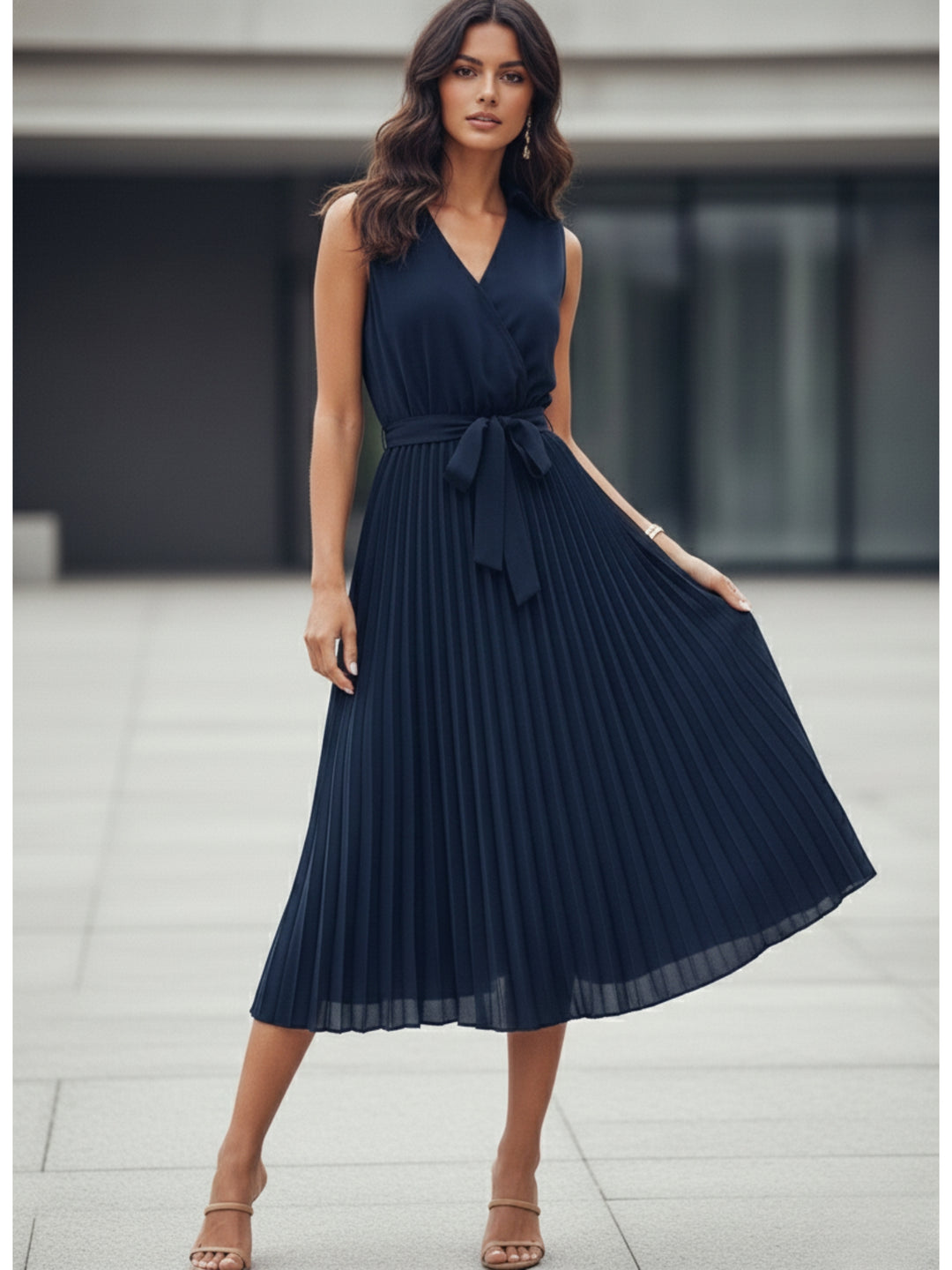 Navy Blue Sleeveless Waist Tie-Up Pleated Dress