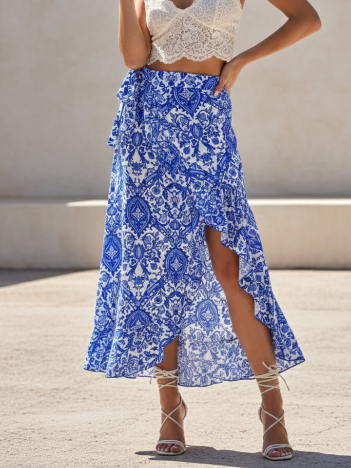 Blue High Waist Printed Wrap Skirt