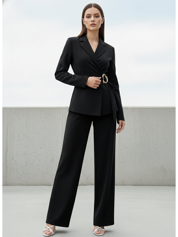 Black Full Sleeve Belted Detail Top And Pant Set