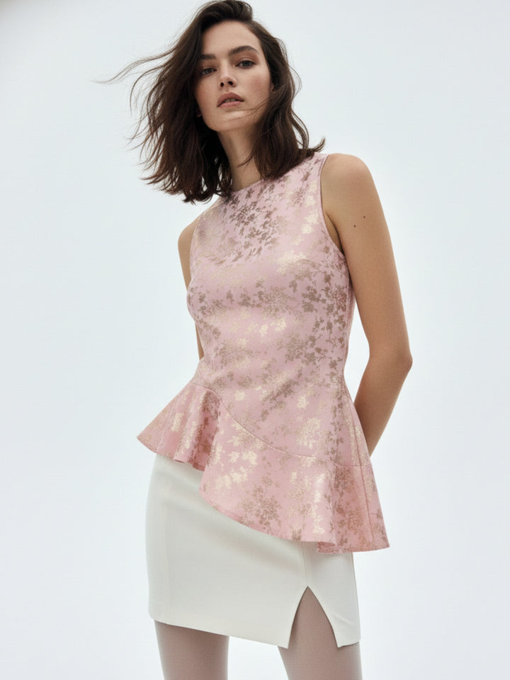 Pink Asymmetric Flouncy Foil Printed Top